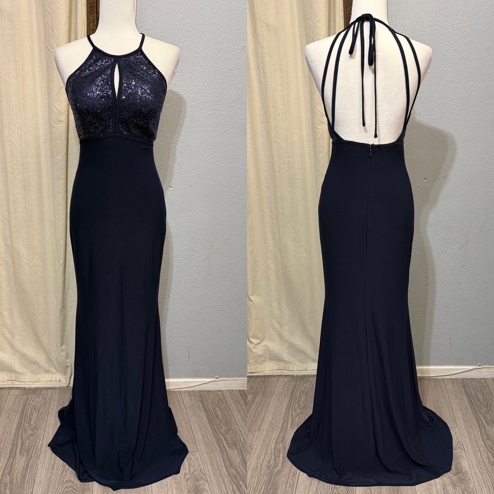 X by Xscape Maxi Dress Siz 4 Navy Blue Sequin Halter Open Back Formal Gown XC118